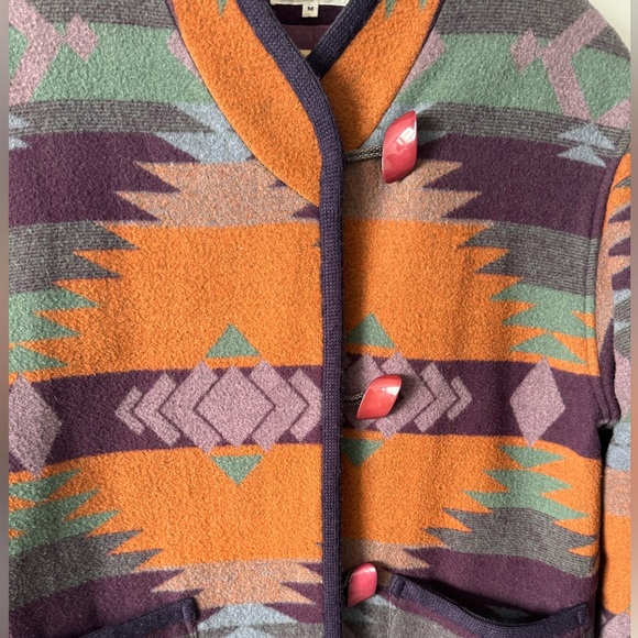 Vintage Southwestern Aztec Style Blanket Coat wool toggle buttons pockets Medium - Picture 4 of 9